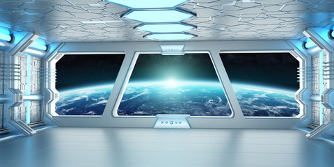Spaceship interior with view on the planet Earth 3D rendering elements of this image furnished by NASA