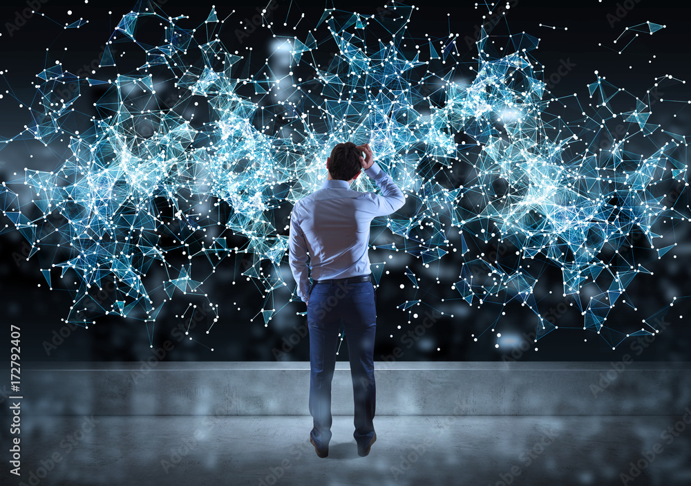 Poster businessman watching connection network on a rooftop 3d rendering
