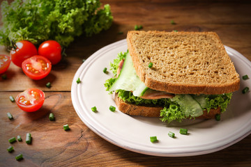 Plate of tasty sandwich with fresh cucumber on table