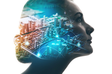 AI(Artificial Intelligence) concept. Woman profile and smart city. Mixed media.