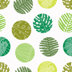 Vector seamless vintage floral pattern. Exotic leaves and polka dot.