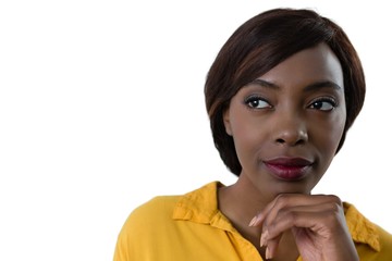 Close up of thoughtful woman with hand on chin