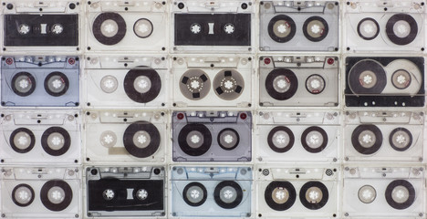 collection of audio cassettes, vintage background