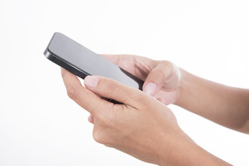 hand holding smart phone isolated on white background.