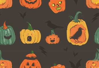 Hand drawn vector abstract cartoon Happy Halloween illustrations seamless pattern with pumpkins horned latern monsters,bats and ravens isolated on white background.