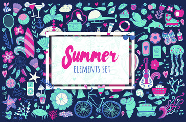 Summer set doodle elements. Travel drawing