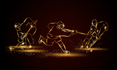 Naklejka premium Hockey players set. Golden linear hockey player illustration for sport banner, background and flyer.