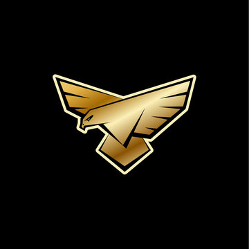 Golden Falcon logo. A bird with large wings is landing. Flat vector logo template with a bird of prey, falcon or eagle.
