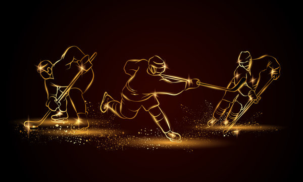 Hockey players set. Golden linear hockey player illustration for sport banner, background and flyer.