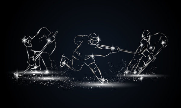 Hockey players set. Metallic linear hockey player illustration for sport banner, background and flyer.