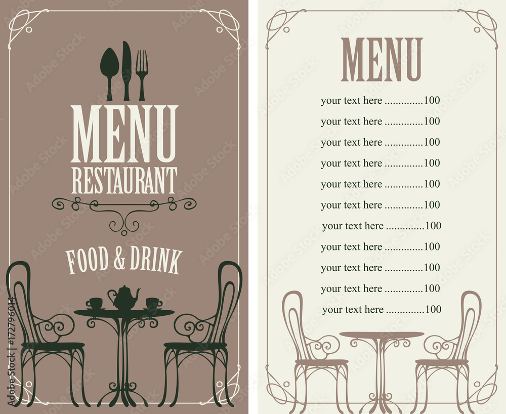 Poster vector menu for restaurant or cafe with a price list, cutlery and image of table, chairs and tea in 