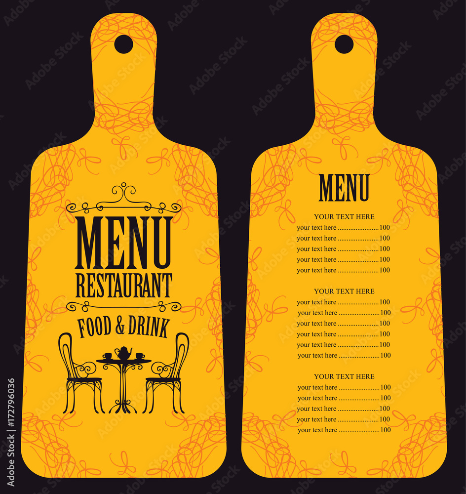 Aufkleber vector menu for restaurant or cafe in the form of wooden chopping board with a price list and image 