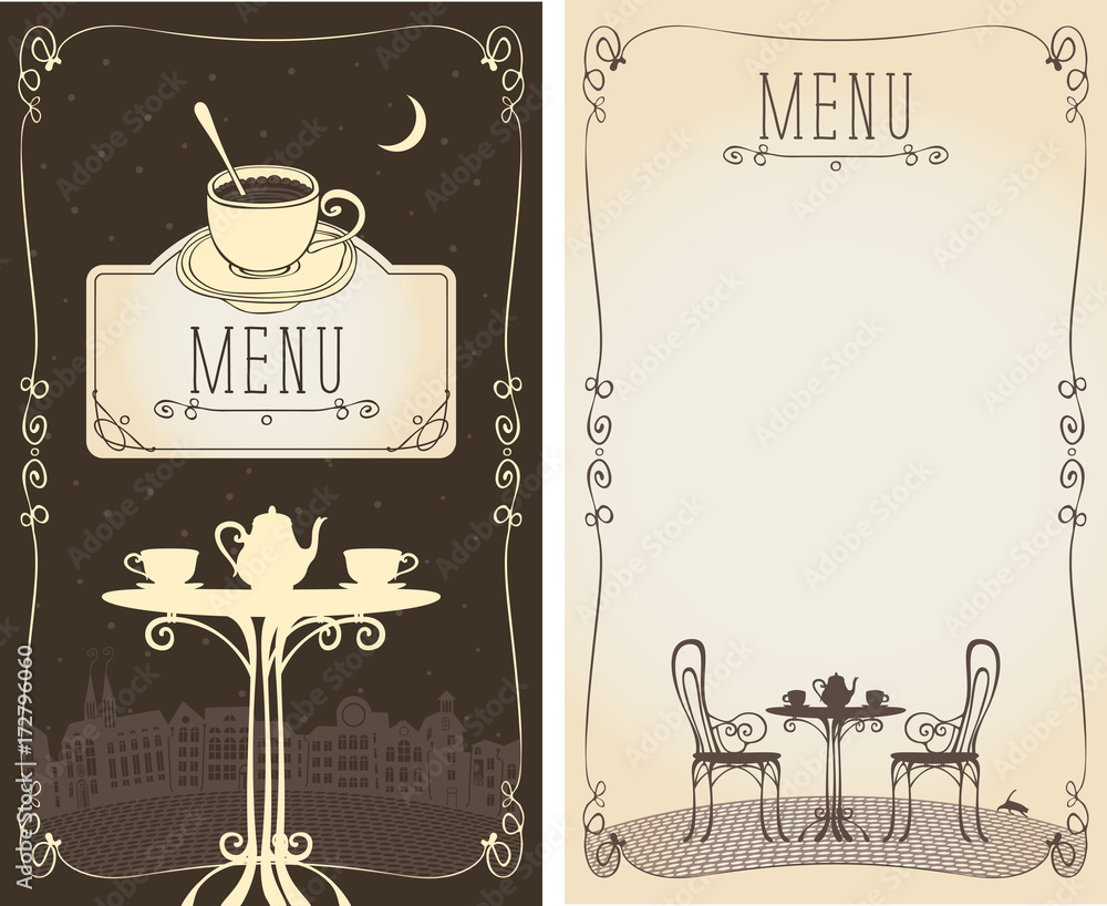 Poster vector menu for a cafe or restaurant with place for text and image of the table with a kettle and cu