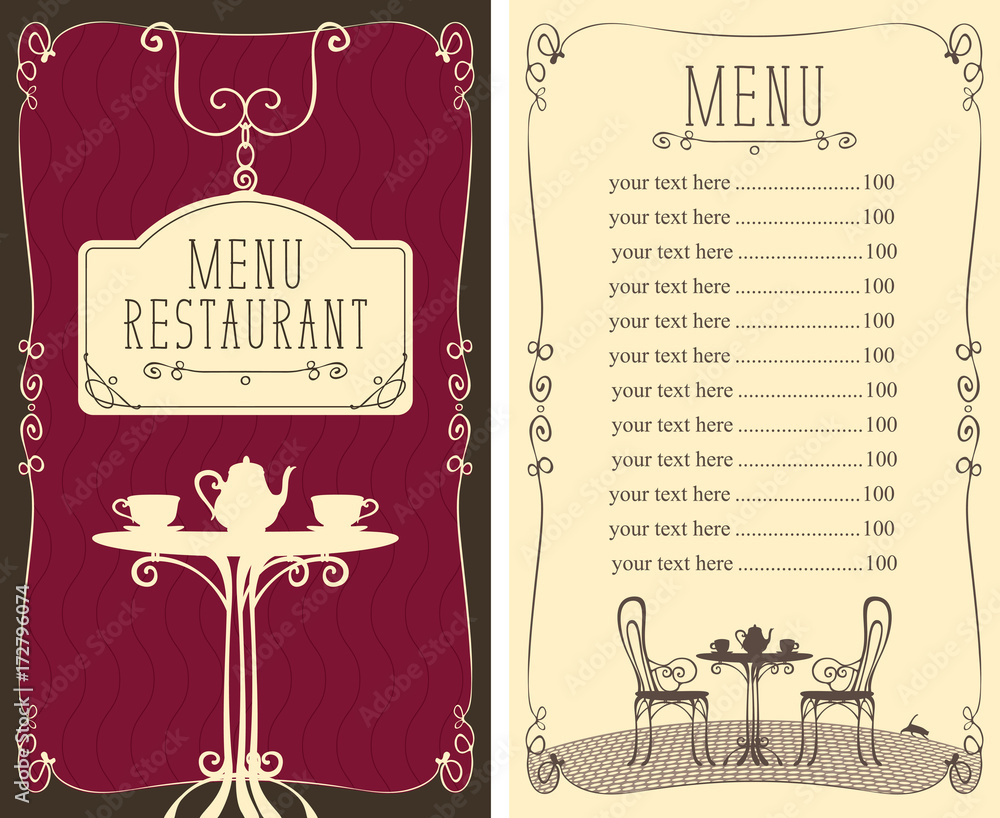 Poster vector menu for restaurant or cafe with a price list and image of a table with a kettle and cups in 