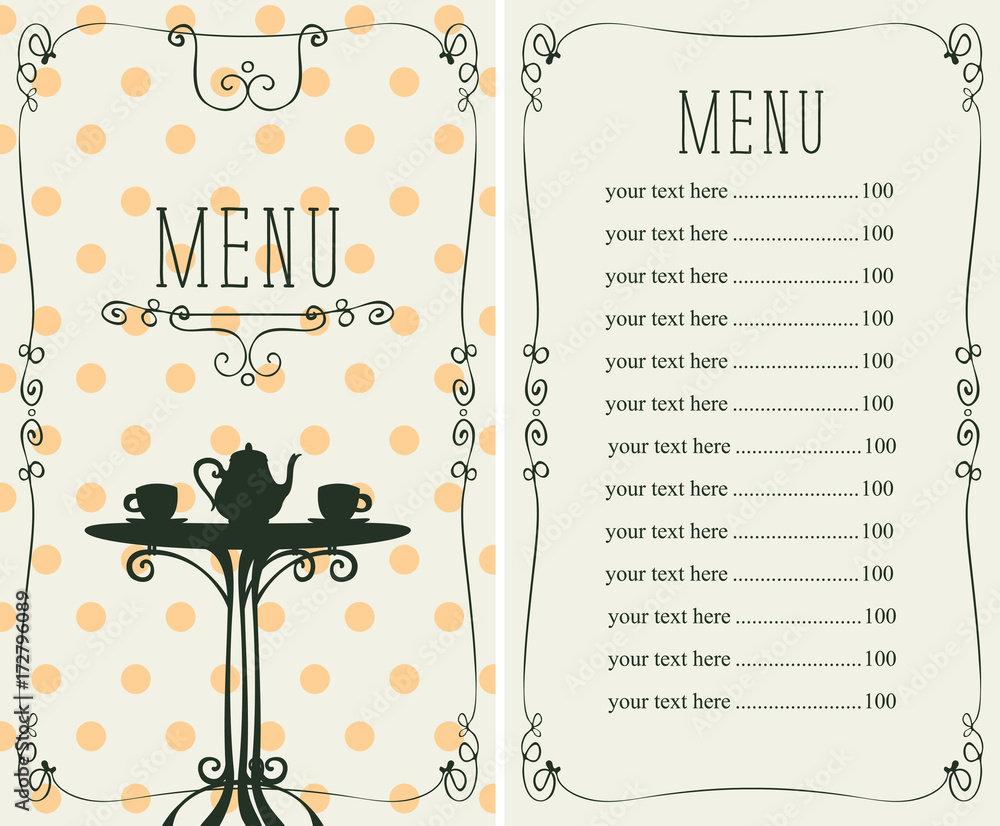 Poster vector menu for a cafe or restaurant with a price list and image of the table with a kettle and cups