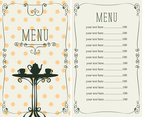 Vector menu for a cafe or restaurant with a price list and image of the table with a kettle and cups on the background with yellow polka dots.