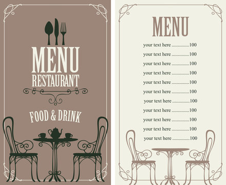Vector menu for restaurant or cafe with a price list, cutlery and image of table, chairs and tea in a curly frame in the art Deco style