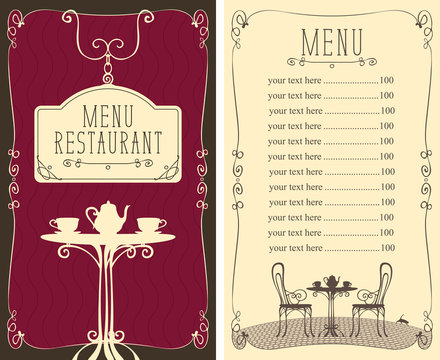 Vector menu for restaurant or cafe with a price list and image of a table with a kettle and cups in the curlicue frame in style art Deco.