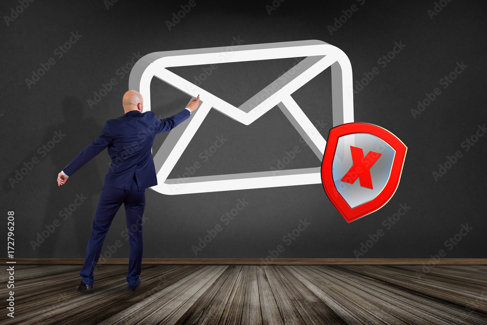 Poster businessman in front of a wall with spam message email symbol displayed on a futuristic interface - 
