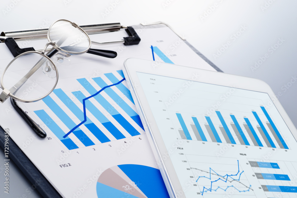 Poster Data management. Documents and tablet computer on reflection background. Concept image of data administration.
