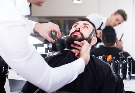 Handsome man forming beard of client into shape