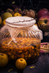 Sliced fruit quince jar covered sugar