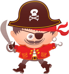 Boy proudly smiling while wearing a pirate costume. The pirate costume has big hat, red bandana, earring, glove, hook, red jacket, belt, saber, hook, eyepatch, boots and a skull on the hat