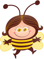 Girl smiling while wearing a bee costume. The bee costume has dark brown background, long antennae, yellow stripes, sharp stinger and four rounded wings. The costume leaves space for the girl’s face