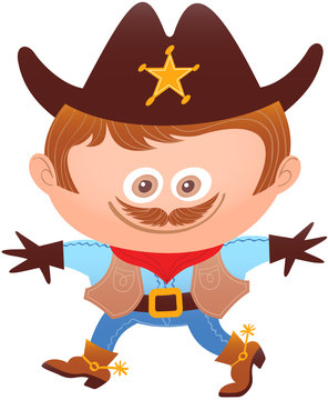 Little boy proudly smiling and posing while wearing a cowboy costume. The costume has a big sheriff hat with a shiny star, a red bandana, mustache, gloves, vest, belt and strong boots