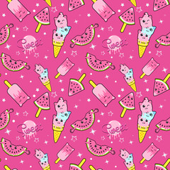 Cute kids pattern for girls and boys. Colorful ice cream on the abstract grunge background create a fun cartoon drawing. The background is made in neon colors. Urban backdrop for textile and fabric.