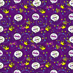 Naklejka premium Abstract seamless pattern for girls,boys, clothes. Creative vector background with pop art comics speech bubbles, clouds,words..Funny wallpaper for textile and fabric. Fashion style. Colorful bright.