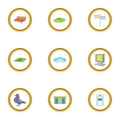Urban outdoor icons set, cartoon style