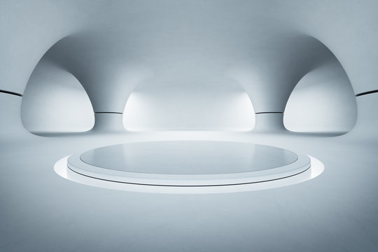Abstract interior design of modern showroom with empty white floor and smooth concrete wall background, Podium for product display in future architecture or alien house - Stage 3d illustration