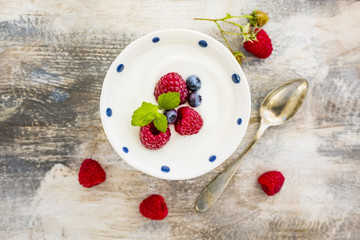 A bowl of healthy and delicious yogurt with fresh berry fruits.