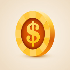 Gold coin of dollar isolated on bright background