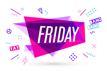 Ribbon banner with text Friday for emotion, motivation, positive. Hand drawn design elements, colorful sticker, ribbon for banner, advertising, poster, trendy style. Vector Illustration