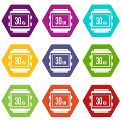 Speedometer bike icon set color hexahedron