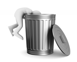 man into garbage basket on white background. Isolated 3D illustration