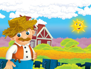 Obraz na płótnie Canvas cartoon scene with happy man working on the farm - standing and smiling / illustration for children