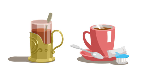 Transparent glass of tea and cup of coffee on a saucer with a spoon isolated on white background. Vector