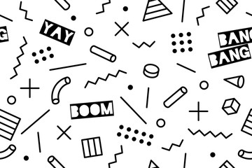 Seamless graphic memphis pattern 80s-90s trendy styles on black background. Colorful pattern with different shapes objects. Design for wrapping paper, fabric background, wallpaper. Vector illustration
