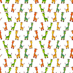 Cute kids pattern for girls and boys. Colorful giraffe on white background creates a fun cartoon drawing. Fun backdrop for textile and fabric