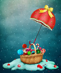 Fantasy Holiday greeting card for Christmas with Red umbrella with  gift basket