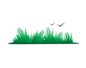 bold grass illustration with birds, symbol design, isolated on white background. 