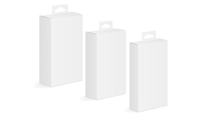 Set of white blank boxes mockups with hanging tab. Packaging for mobile phone accessories. Vector illustration