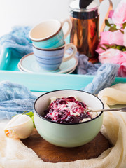 Bowl of yogurt and quark with berry sauce jam. Morning breakfast