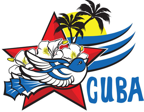 Freedom and liberty symbol - blue cuban bird, red star, flowers, sun and palms. Icon logo with inscription Viva Cuba.