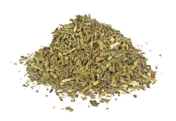 Heap of chopped tarragon leaves on a white background