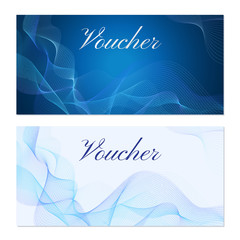 Voucher, Gift certificate, Coupon template. Guilloche pattern (watermark, blue lines). Background for banknote, money design, currency, bank note, check (cheque), ticket