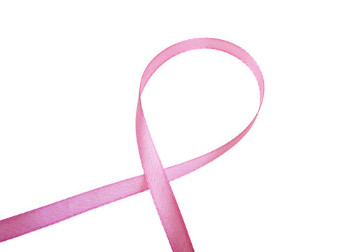 Pink awareness ribbon over white background